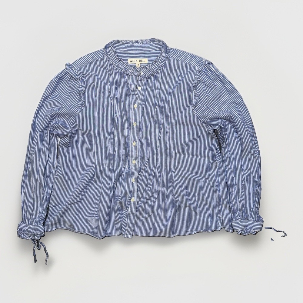 Alex Mill Ruffle Collar Blouse Size M White Blue Stripe 100% Cotton Button Up